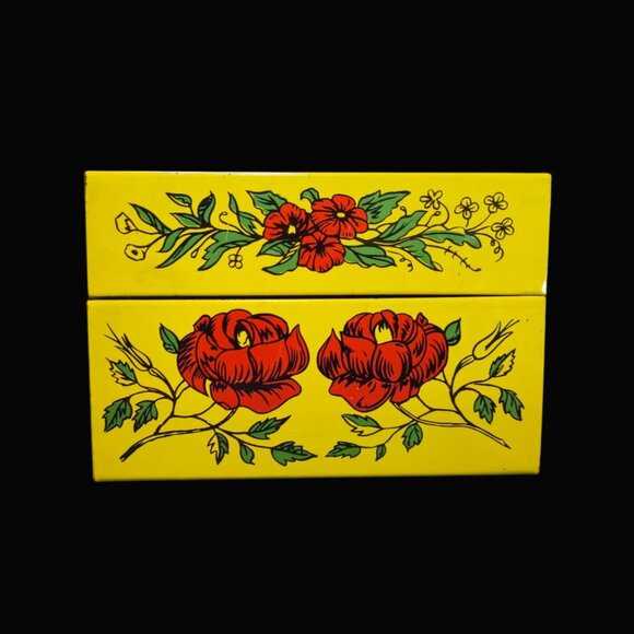 1970s Tin Recipe Box Retro Floral Design yellow red botanical vintage storage - Picture 1 of 9